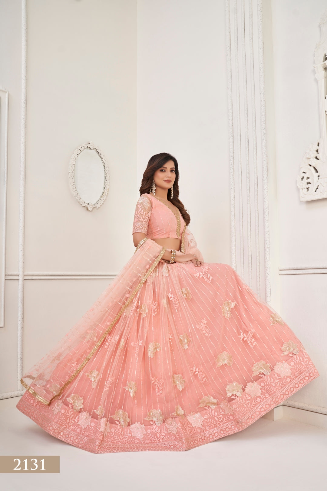 Peach Graceful Butterfly Net Lehenga Set with Tone-to-Tone Embroidery