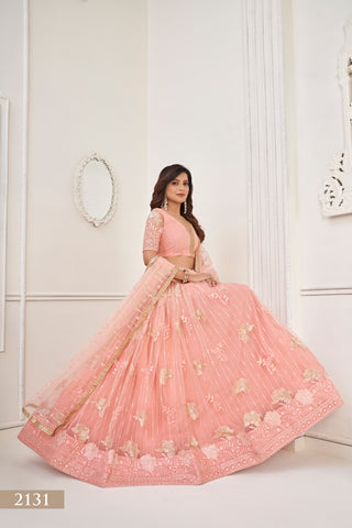 Peach Graceful Butterfly Net Lehenga Set with Tone-to-Tone Embroidery