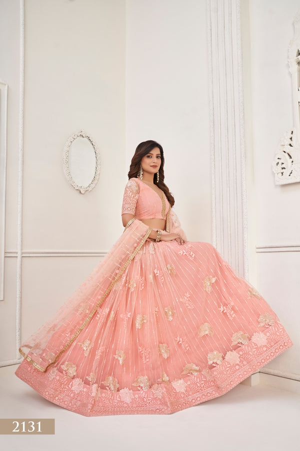 Peach Graceful Butterfly Net Lehenga Set with Tone-to-Tone Embroidery