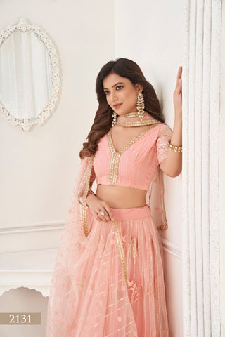 Peach Graceful Butterfly Net Lehenga Set with Tone-to-Tone Embroidery