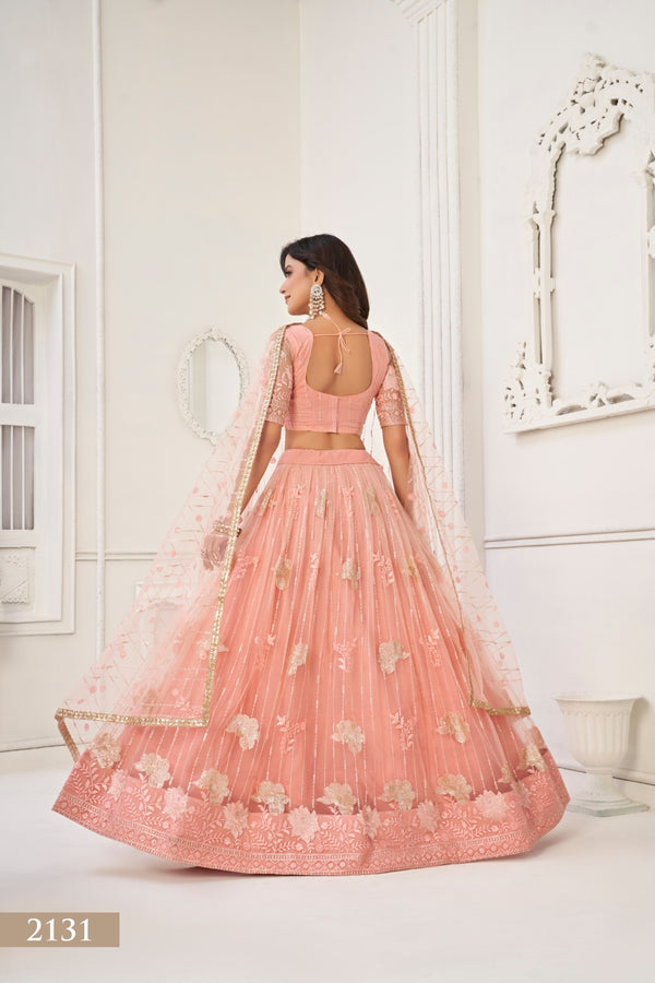 Peach Graceful Butterfly Net Lehenga Set with Tone-to-Tone Embroidery