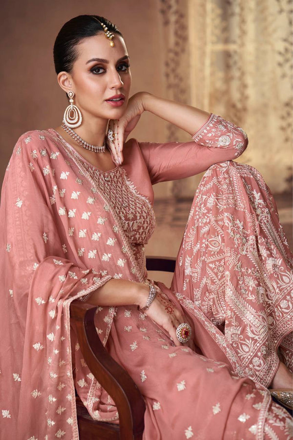 Peach Graceful Chinon Embroidered Plazo Suit Set with Dupatta ClothsVilla