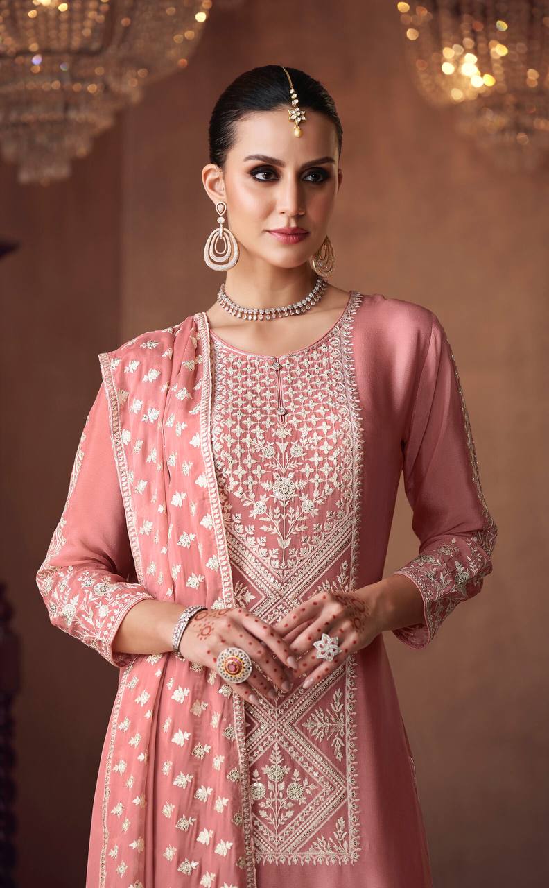 Peach Graceful Chinon Embroidered Plazo Suit Set with Dupatta Secondary image