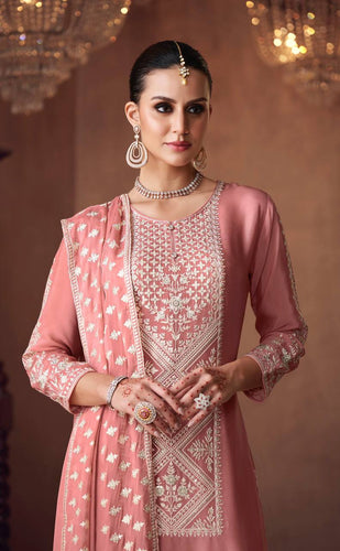 Peach Graceful Chinon Embroidered Plazo Suit Set with Dupatta ClothsVilla