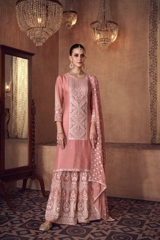 Peach Graceful Chinon Embroidered Plazo Suit Set with Dupatta ClothsVilla