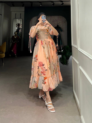 Peach Graceful Floral Georgette Frock – Ethnic Summer Collection