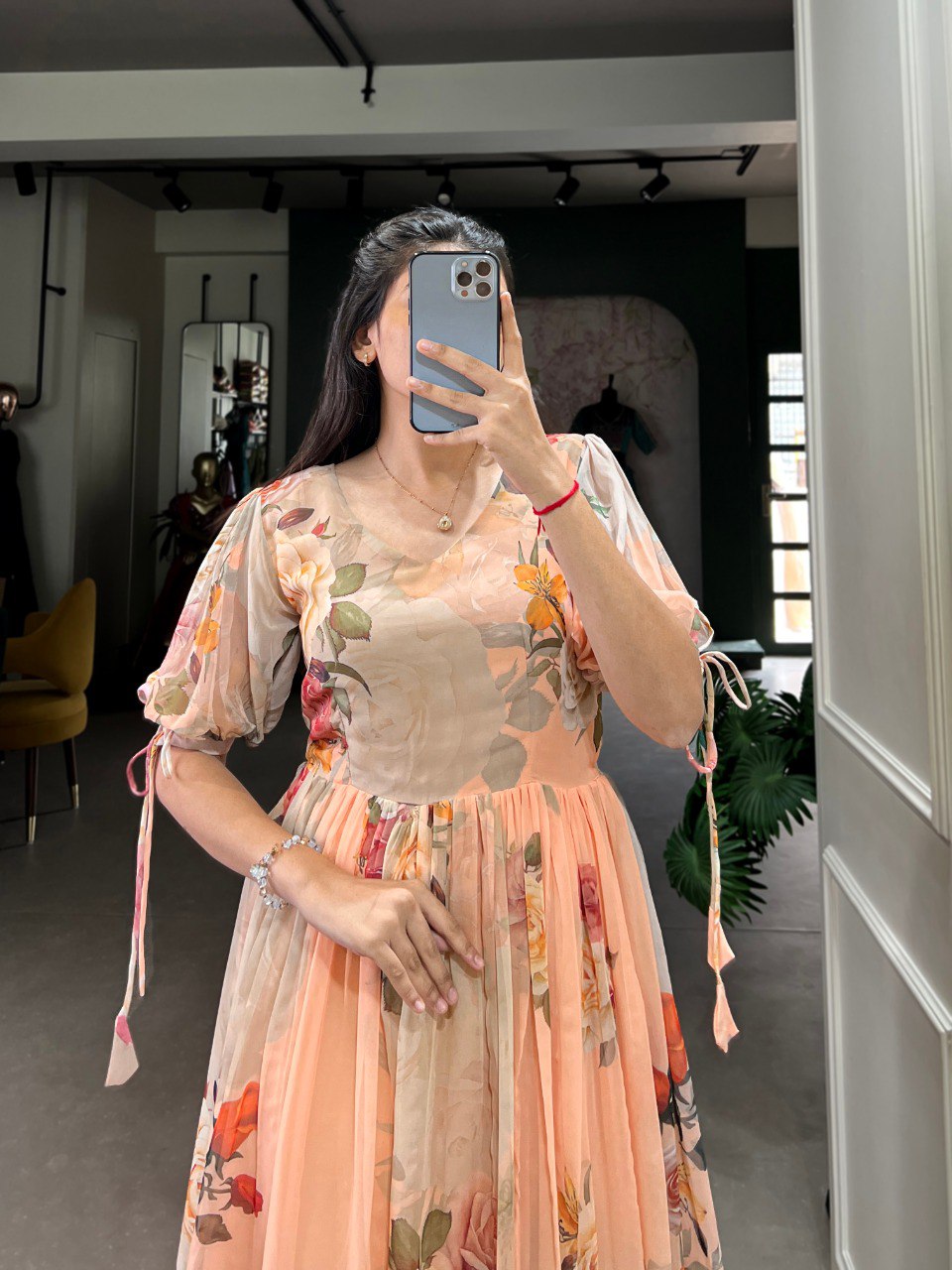 Peach Graceful Floral Georgette Frock – Ethnic Summer Collection