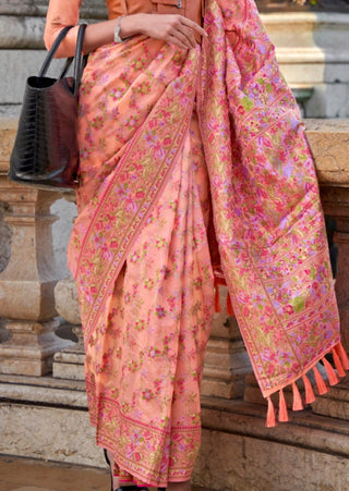 Peach Graceful Organza Silk Parsi Handloom Weaving Saree with Blouse Piece ClothsVilla