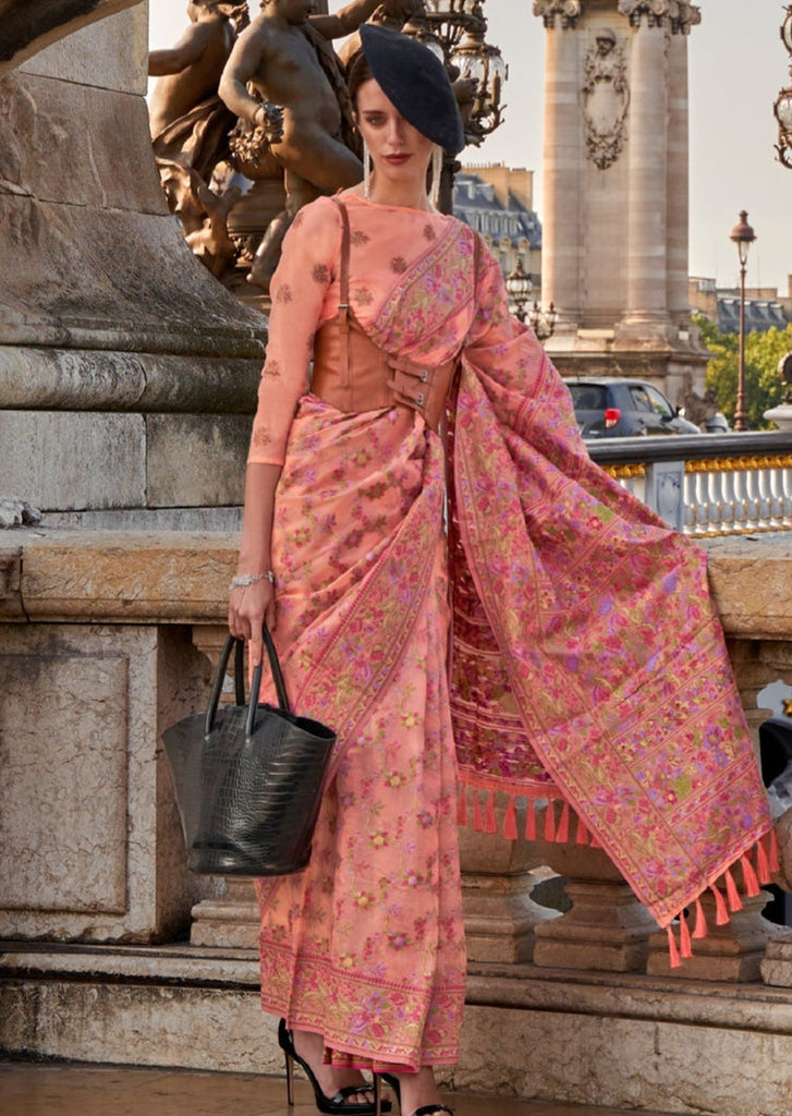 Peach Graceful Organza Silk Parsi Handloom Weaving Saree with Blouse Piece ClothsVilla