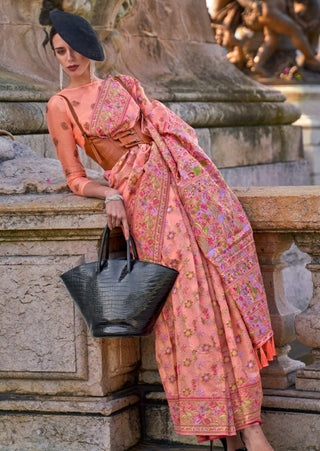 Peach Graceful Organza Silk Parsi Handloom Weaving Saree with Blouse Piece ClothsVilla