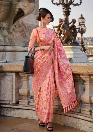 Peach Graceful Organza Silk Parsi Handloom Weaving Saree with Blouse Piece ClothsVilla