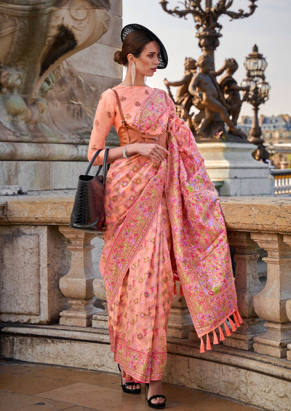 Peach Graceful Organza Silk Parsi Handloom Weaving Saree with Blouse Piece ClothsVilla