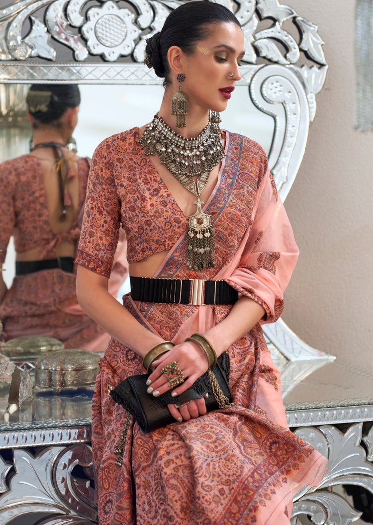 Peach Graceful Silk Saree with Unstitched Blouse Piece Elegant Ethnic Wear ClothsVilla