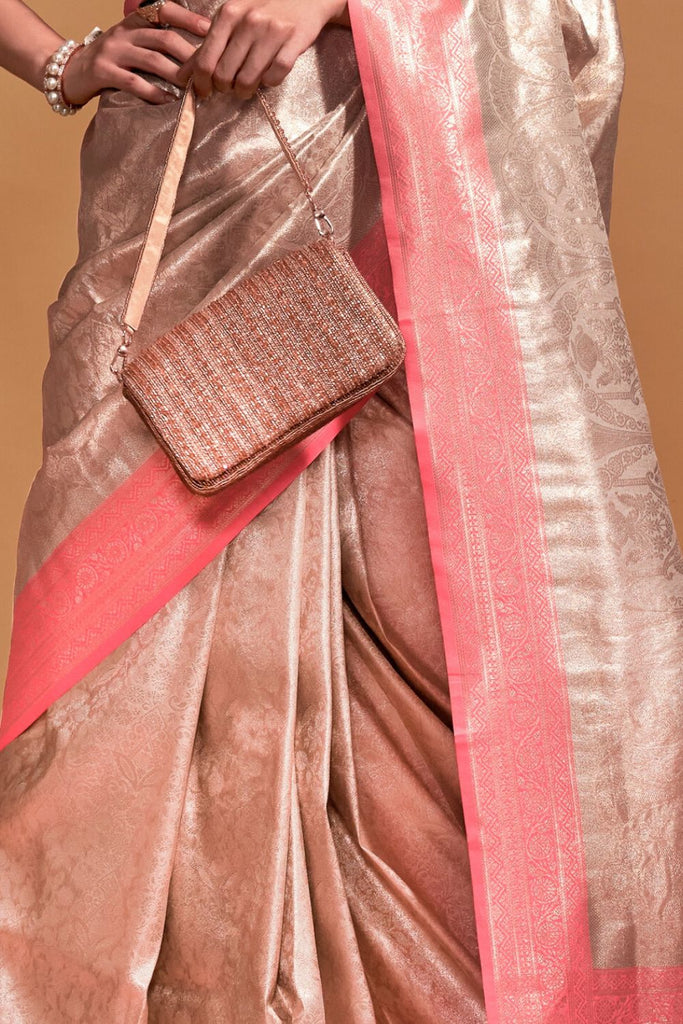 Peach Handwoven Kanjivaram Silk Saree with Blouse Piece Clothsvilla