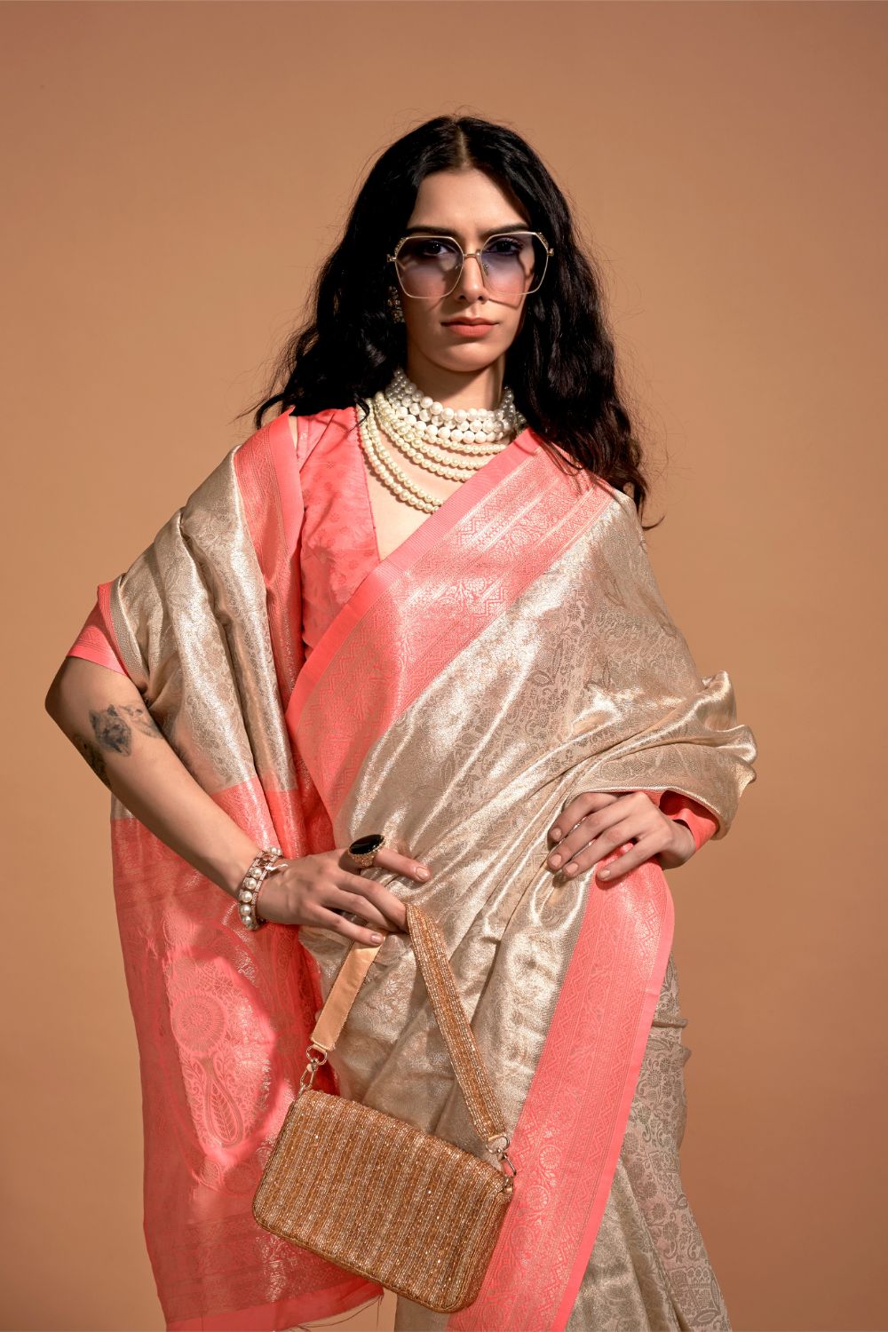 Peach Handwoven Kanjivaram Silk Saree with Blouse Piece Clothsvilla