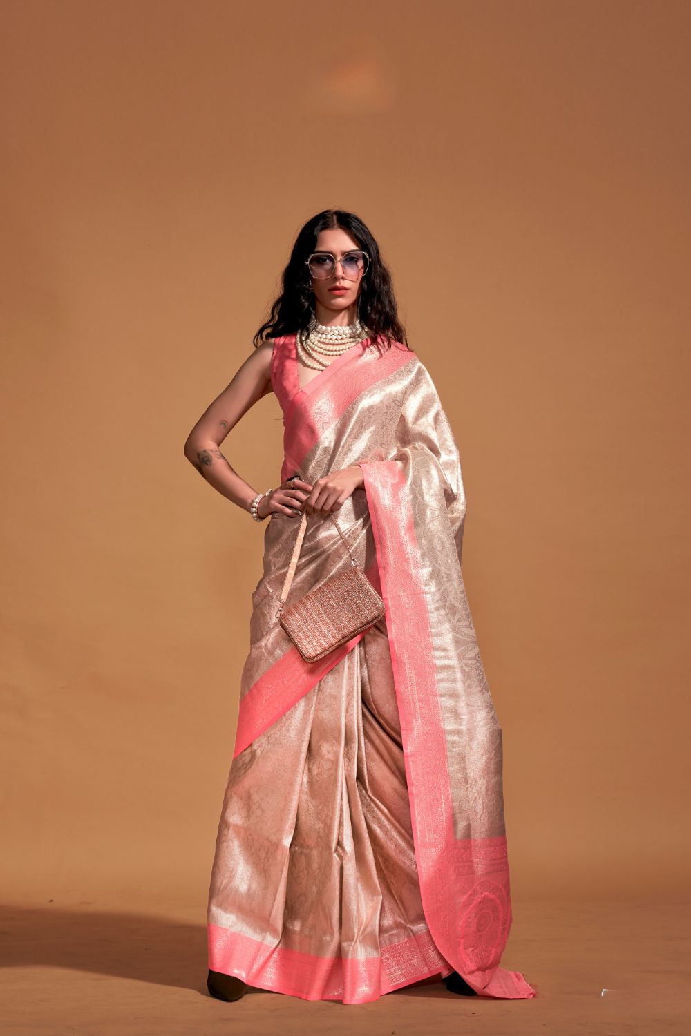 Peach Handwoven Kanjivaram Silk Saree with Blouse Piece Clothsvilla