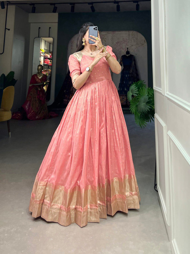 Peach Handwoven Khadi Organza Gown with Exquisite Zari Detailing ClothsVilla