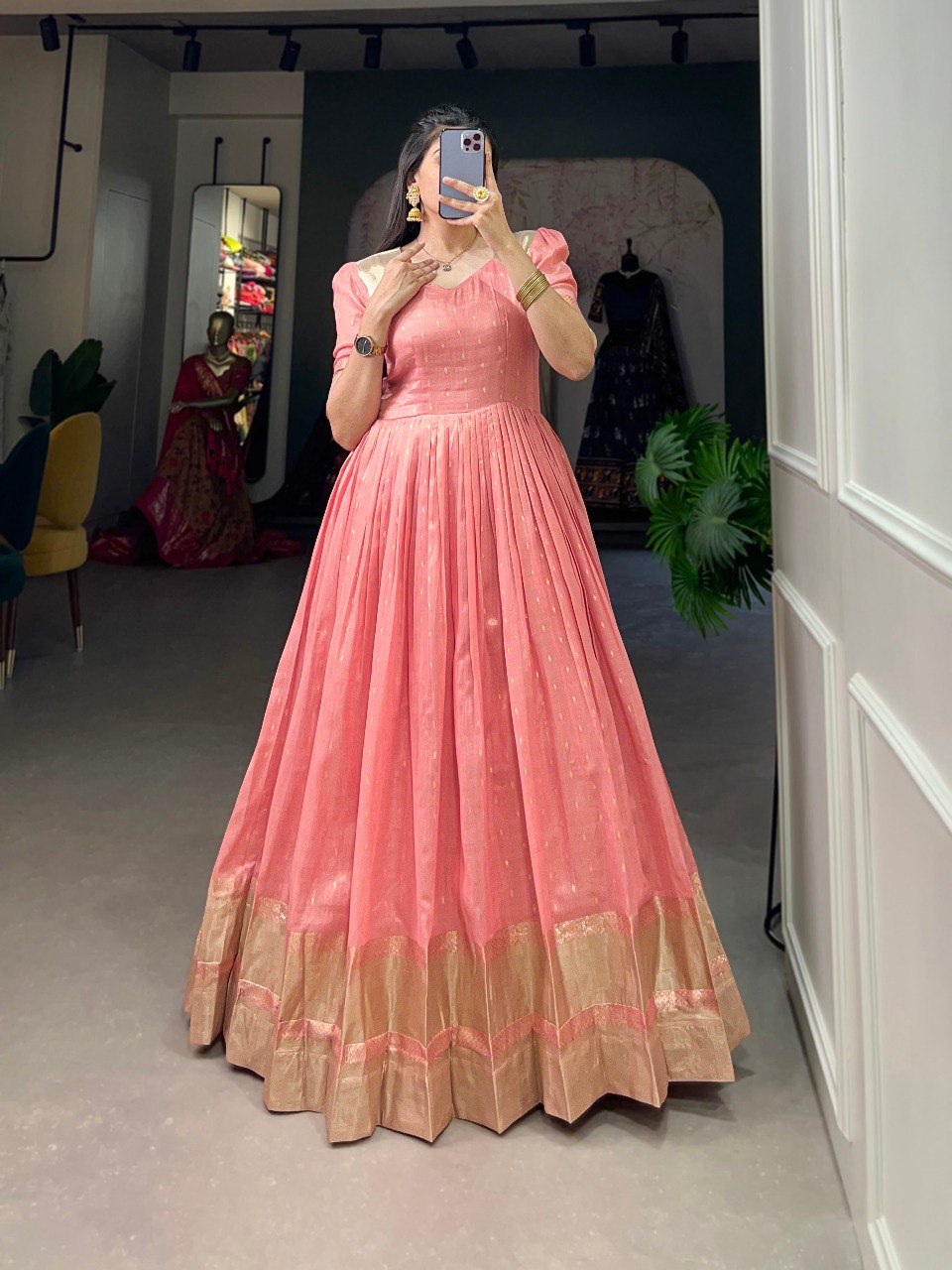 Peach Handwoven Khadi Organza Gown with Exquisite Zari Detailing ClothsVilla