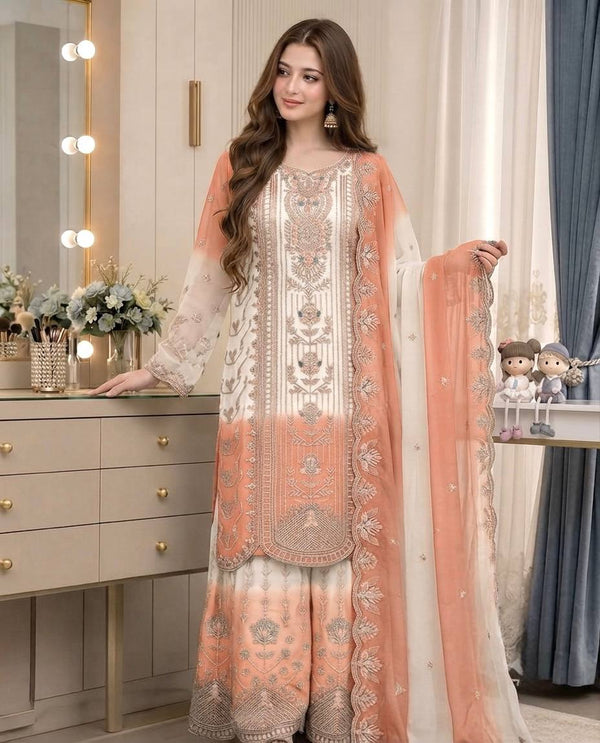 Peach Heavy Embroidered Palazzo Suit Set ClothsVilla