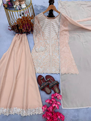 Peach Heavy Sequence Work Palazzo Suit ClothsVilla