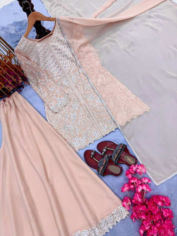 Peach Heavy Sequence Work Palazzo Suit ClothsVilla