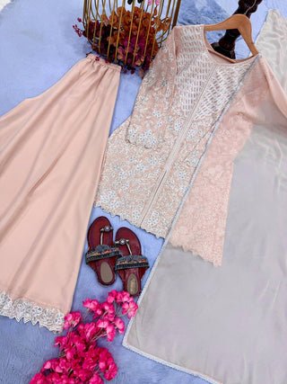 Peach Heavy Sequence Work Palazzo Suit ClothsVilla