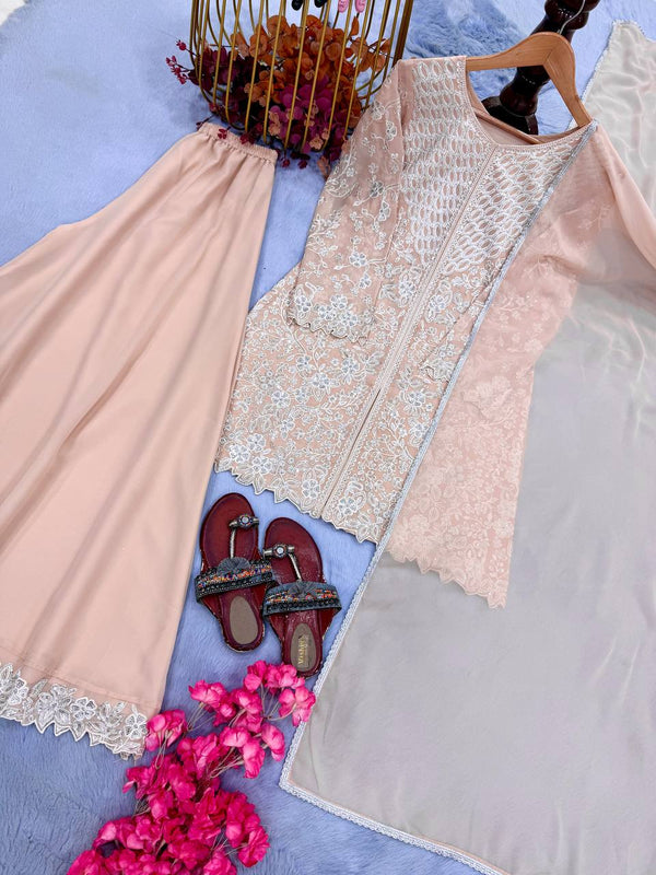 Peach Heavy Sequence Work Palazzo Suit ClothsVilla