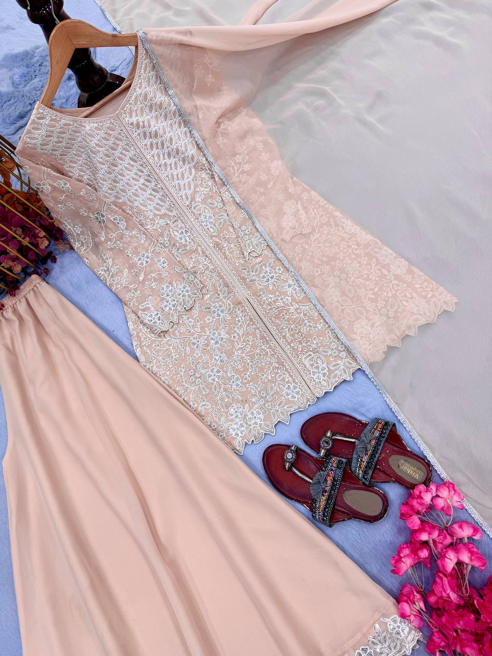 Peach Heavy Sequence Work Palazzo Suit ClothsVilla
