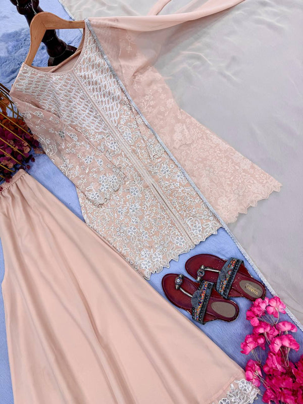 Peach Heavy Sequence Work Palazzo Suit ClothsVilla