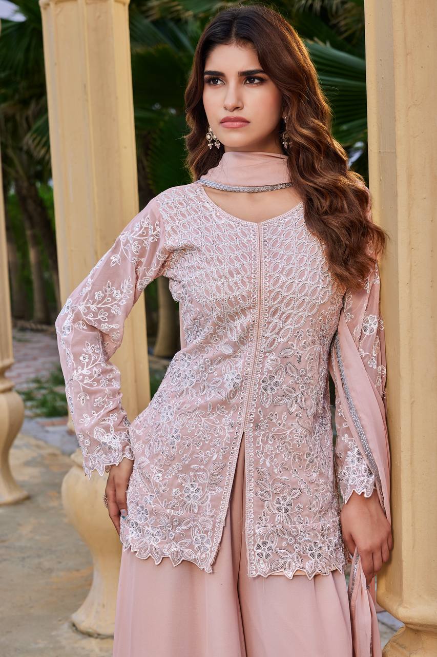 Peach Heavy Sequence Work Palazzo Suit ClothsVilla