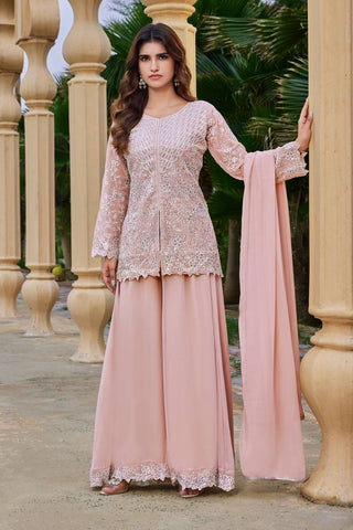 Peach Heavy Sequence Work Palazzo Suit ClothsVilla