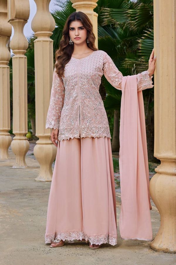 Peach Heavy Sequence Work Palazzo Suit ClothsVilla