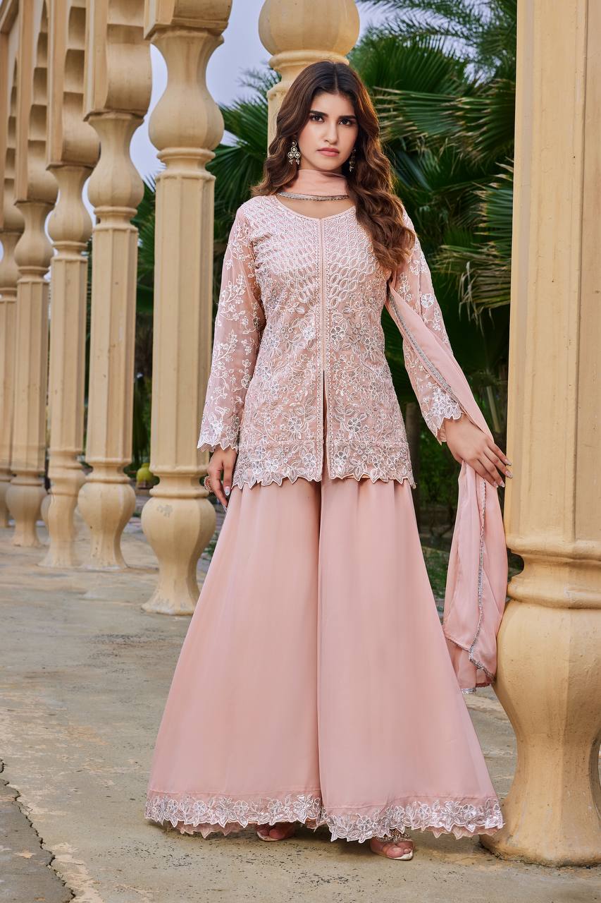 Peach Heavy Sequence Work Palazzo Suit ClothsVilla