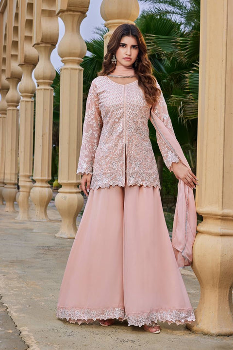 Peach Heavy Sequence Work Palazzo Suit ClothsVilla Main image