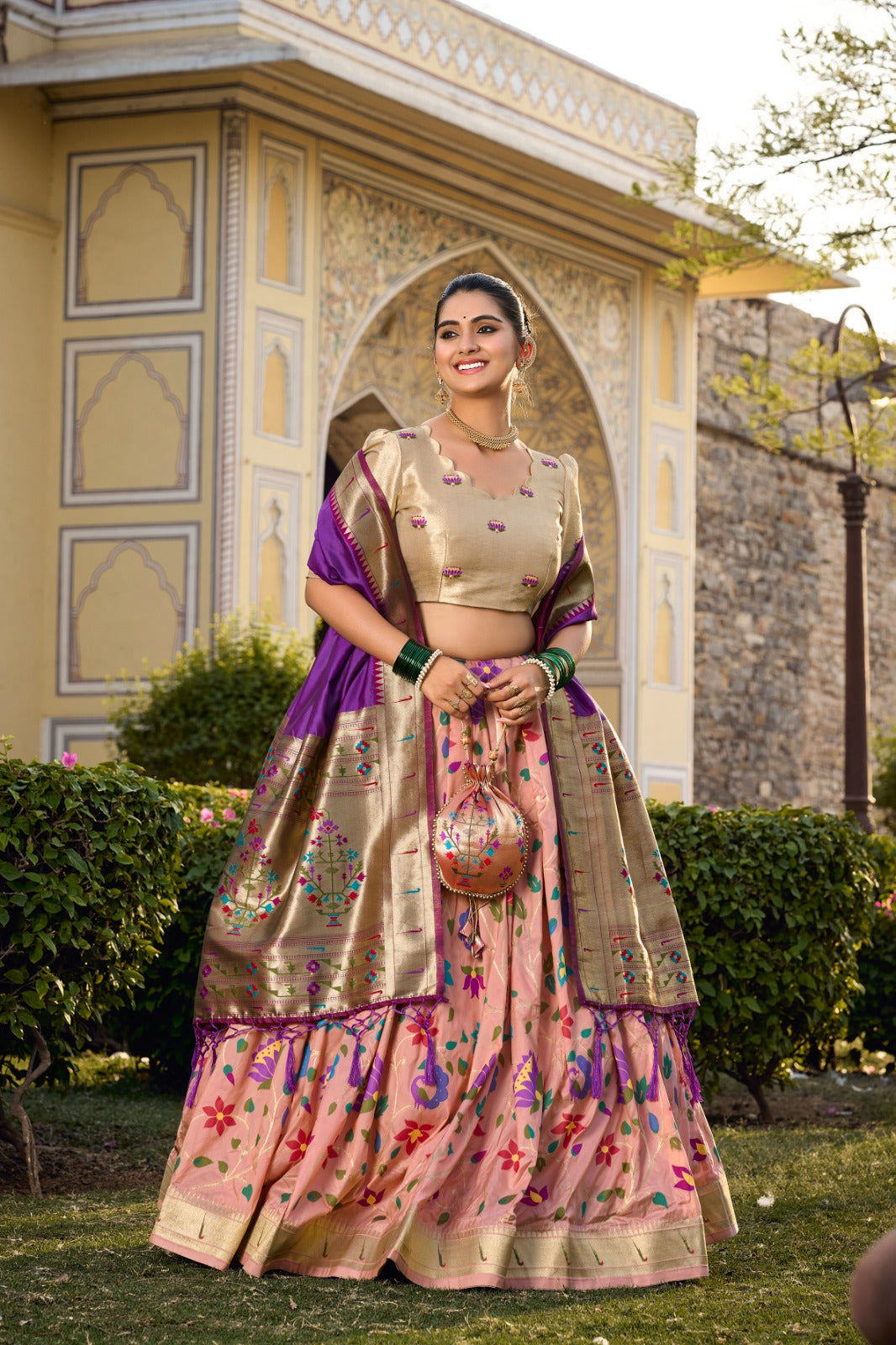 Peach Jacquard Silk Paithani Lehenga Choli ClothsVilla