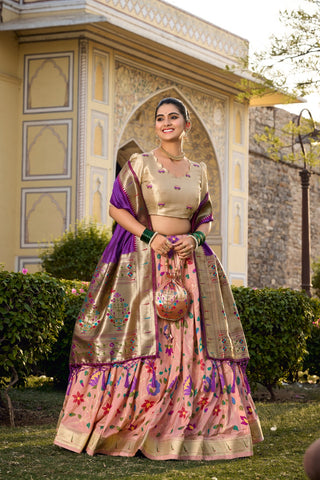 Peach Jacquard Silk Paithani Lehenga Choli ClothsVilla