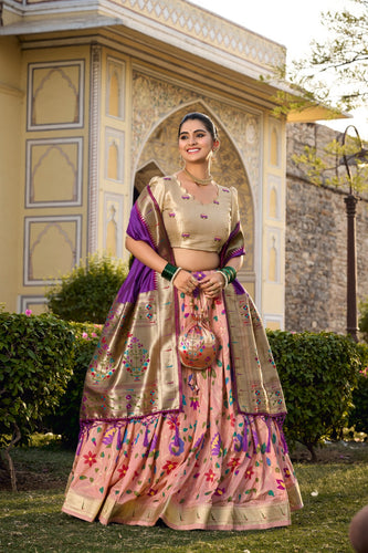Peach Jacquard Silk Paithani Lehenga Choli ClothsVilla