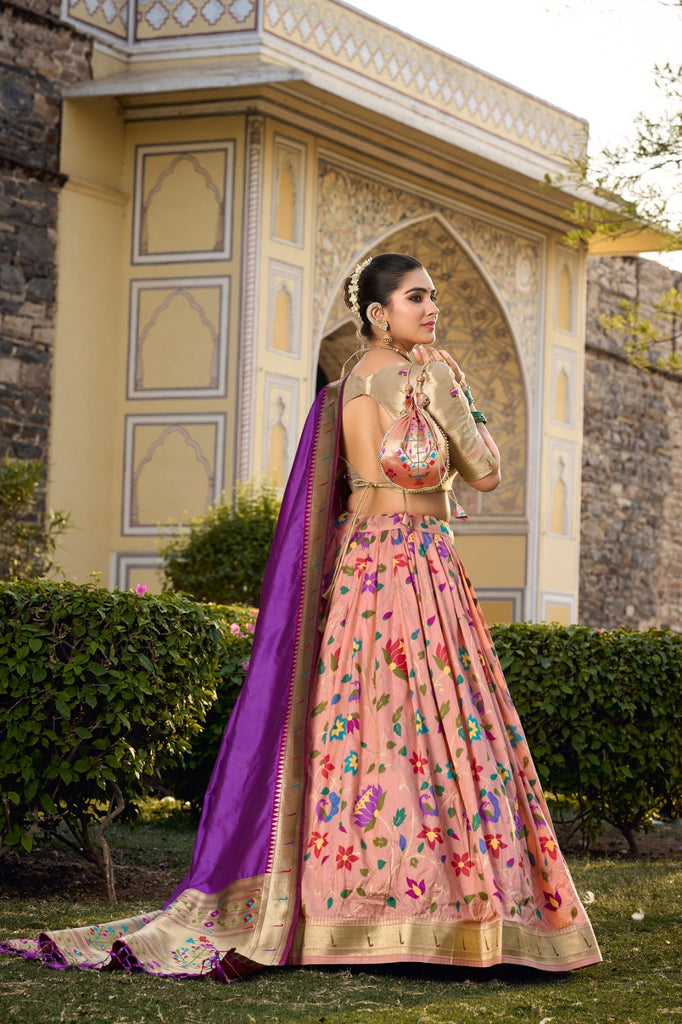 Peach Jacquard Silk Paithani Lehenga Choli ClothsVilla