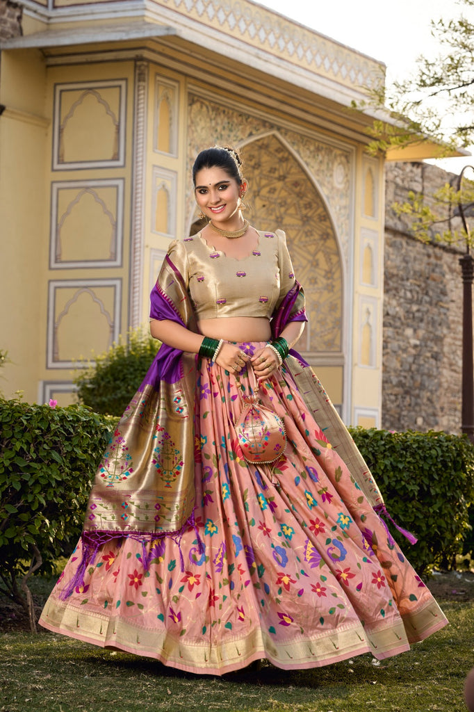 Peach Jacquard Silk Paithani Lehenga Choli ClothsVilla