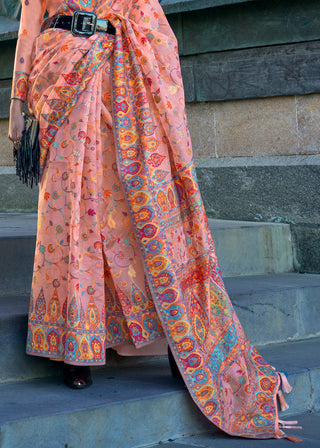 Peach Jamawar Woven Organza Silk Saree – Traditional Elegance with Blouse Piece ClothsVilla