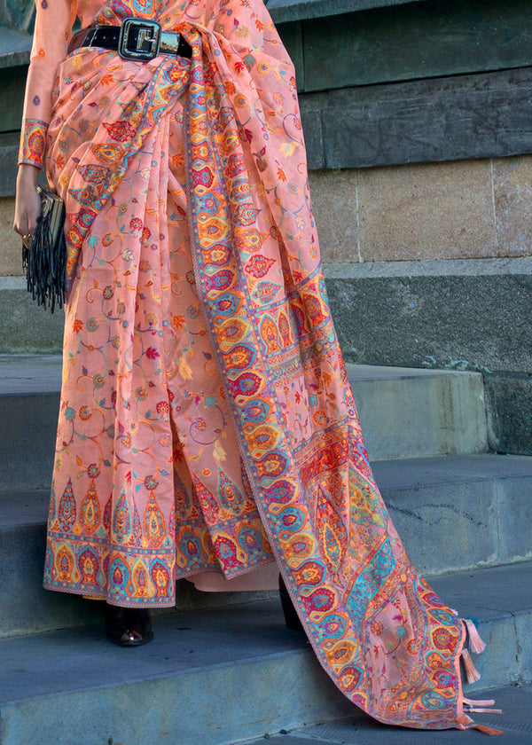 Peach Jamawar Woven Organza Silk Saree – Traditional Elegance with Blouse Piece ClothsVilla