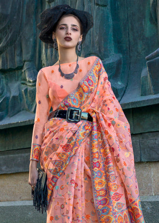 Peach Jamawar Woven Organza Silk Saree – Traditional Elegance with Blouse Piece ClothsVilla