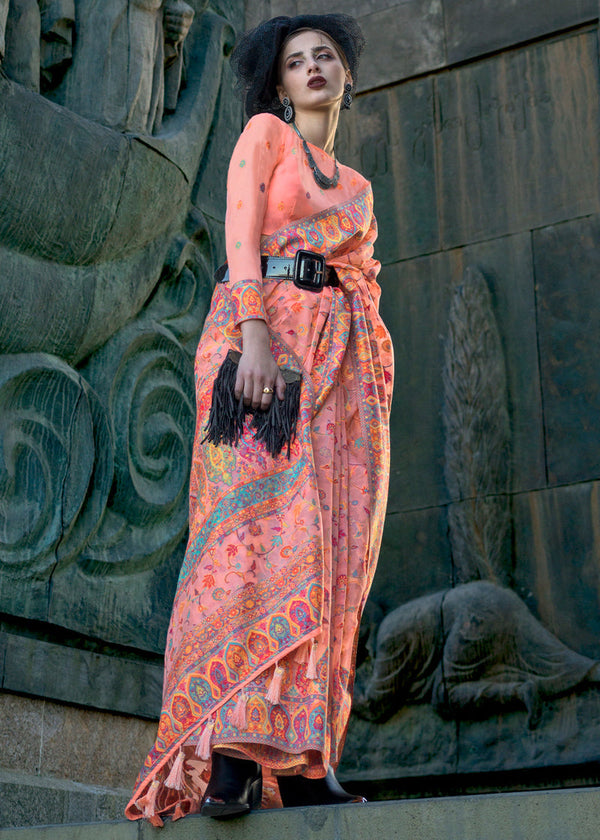 Peach Jamawar Woven Organza Silk Saree – Traditional Elegance with Blouse Piece ClothsVilla