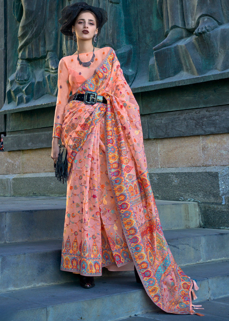 Peach Jamawar Woven Organza Silk Saree – Traditional Elegance with Blouse Piece ClothsVilla Main image