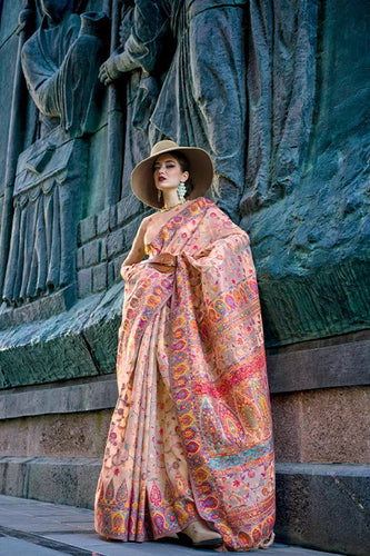 Peach Jamawar Woven Organza Silk Saree – Traditional Elegance with Blouse Piece ClothsVilla