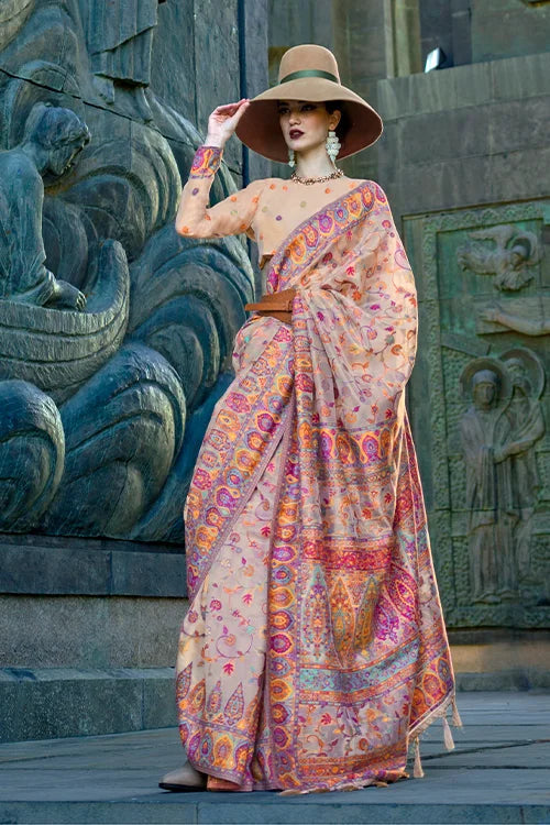 Peach Jamawar Woven Organza Silk Saree – Traditional Elegance with Blouse Piece ClothsVilla