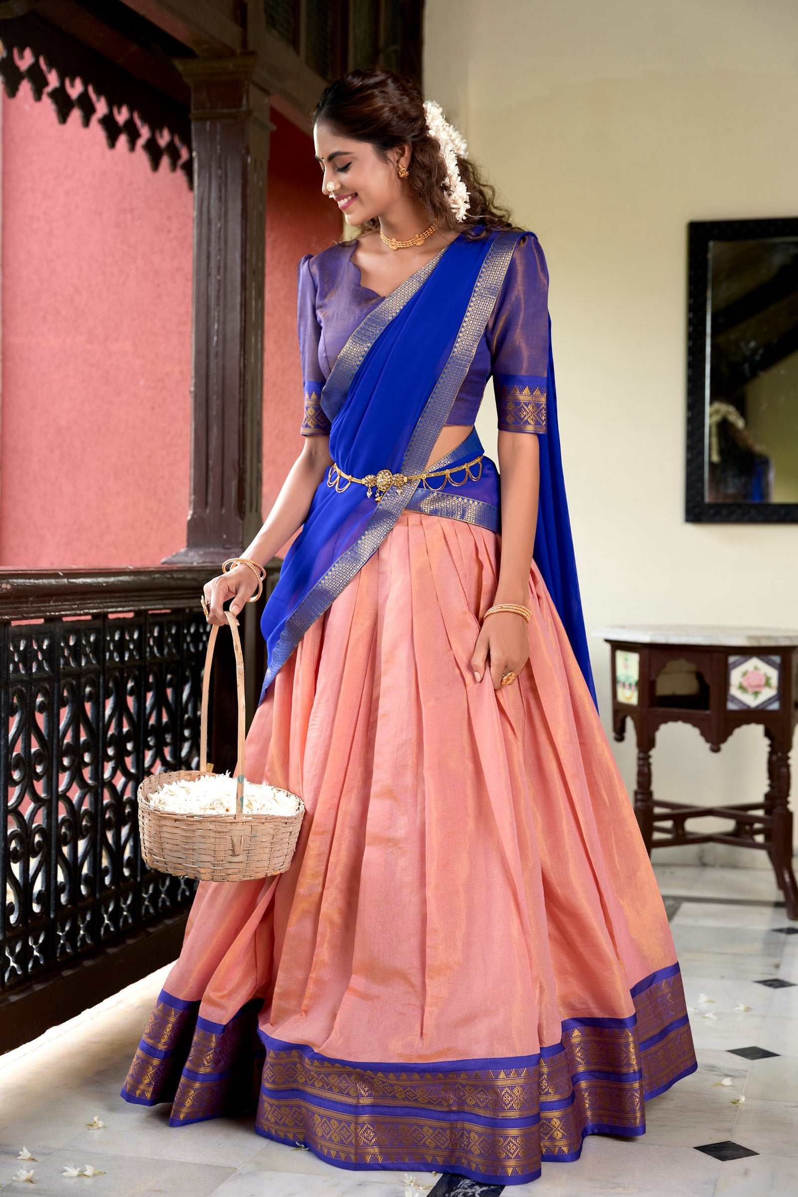 Peach Kanchipuram Lehenga Choli – Heritage Redefined with Regal Zari Weaving