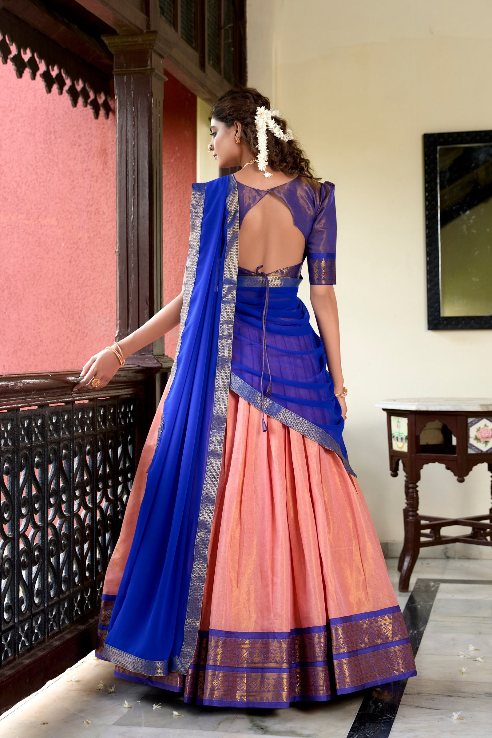 Peach Kanchipuram Lehenga Choli – Heritage Redefined with Regal Zari Weaving