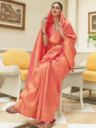 Peach Kanjivaram Silk Saree with Sequins Zari ClothsVilla