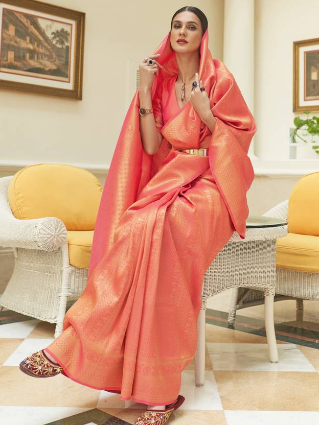 Peach Kanjivaram Silk Saree with Sequins Zari ClothsVilla